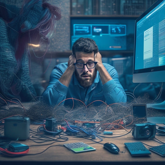 An illustration of a frustrated person sitting in front of a computer with a tangled mess of wires and broken gadgets surrounding them, with a darkened screen displaying a distorted, glitching error message.