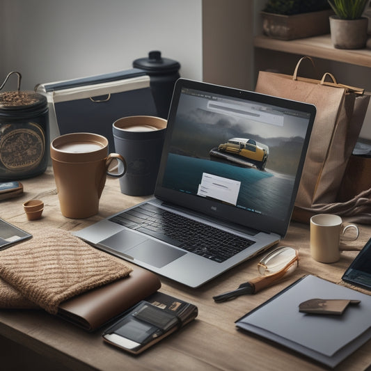 A stylized illustration of a laptop screen displaying a dashboard with various ecommerce and course creation tools, surrounded by scattered notebooks, coffee cups, and a few shopping bags.