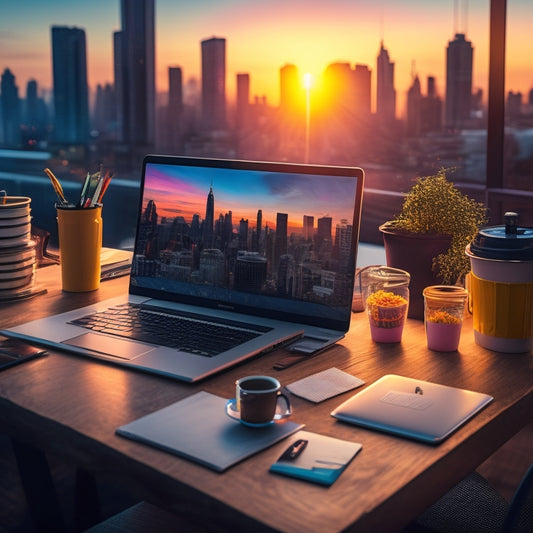 An illustration of a creative workspace with a laptop, surrounded by colorful sticky notes, coffee cups, and a few scattered digital devices, set against a blurred cityscape at sunset.