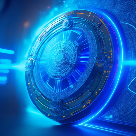 A futuristic shield with glowing blue circuits and wires, surrounded by swirling patterns of 1s and 0s, protecting a delicate, glowing orb representing personal data.