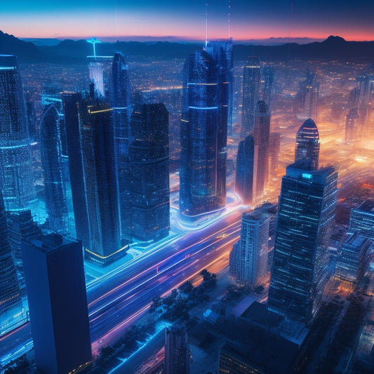 A futuristic, neon-lit cityscape at dusk with sleek, modern skyscrapers and holographic screens displaying swirling digital patterns, surrounded by orbiting 1s and 0s, and glowing blue circuit board pathways.