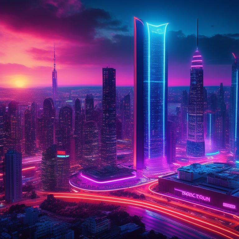 A futuristic cityscape at dusk with sleek skyscrapers, neon lights, and a giant abstract payment processing symbol (e.g., a stylized "$" or a commerce-related glyph) radiating light and energy pulses.
