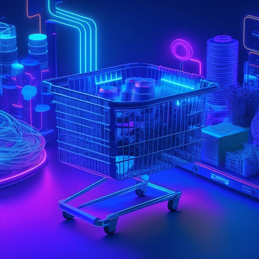 A futuristic, stylized illustration of a shopping cart overflowing with glowing, swirling digital products, surrounded by circuit boards, wires, and neon lights, set against a dark, gradient blue background.