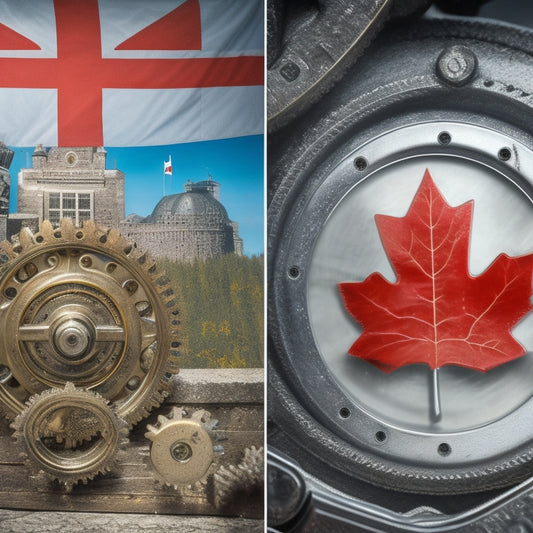 A split-screen image featuring a Canadian flag waving in the wind on the left, and a combination lock with gears and cogs in the background, with a few gears turning to represent privacy and security on the right.