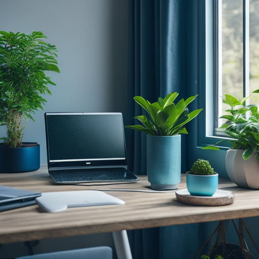 A simplified, modern workspace with a sleek laptop, a small plant, and a tidy desk organizer, surrounded by calming blue and green hues, conveying efficiency and productivity.