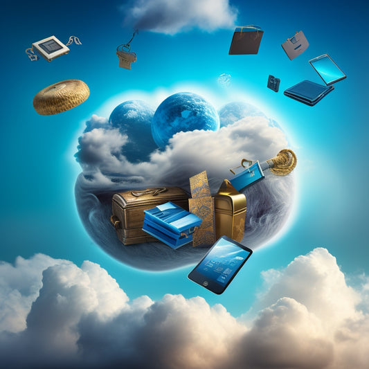 An illustration of a digital key unlocking a treasure chest overflowing with online shopping bags, laptops, and smartphones, surrounded by swirling clouds of ones and zeros.