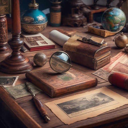 A vintage wooden desk cluttered with old stamp albums, scattered loose stamps, and antique stamping tools, surrounded by a globe, vintage maps, and a single, ornate magnifying glass.