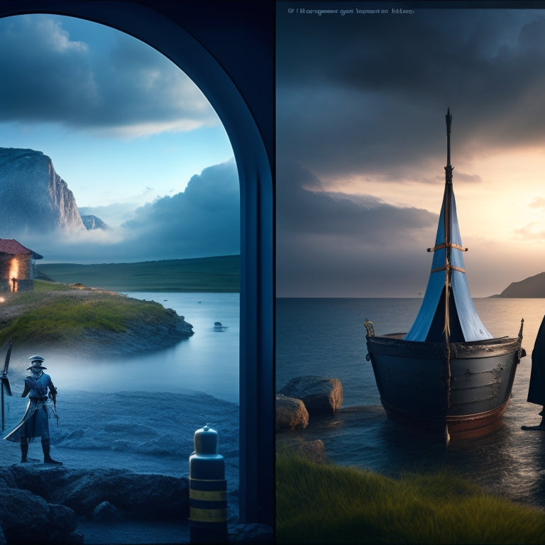 A split-screen image with a dark, stormy backdrop on the left, representing chargebacks, and a bright, sunny landscape on the right, symbolizing victory, with a merchant's desk in the center, holding a shield and a sword.