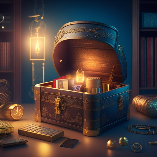 A stylized illustration of a locked treasure chest with a glowing Shopify logo on the front, surrounded by various digital products like e-books, courses, and software, with a golden key hovering above.