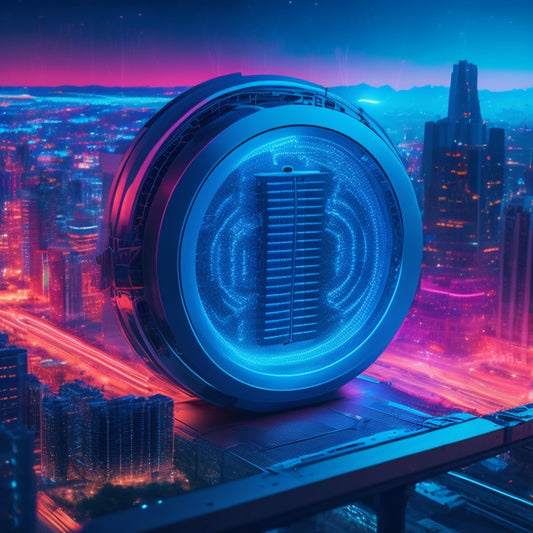 A futuristic, neon-lit cityscape with a giant, glowing padlock at its center, surrounded by orbiting cybersecurity shields, firewalls, and encrypted data streams swirling around e-commerce websites.