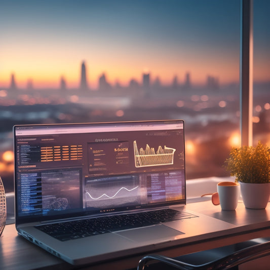 A futuristic e-commerce dashboard with rising graphs, a laptop, and a Shopify logo in the background, surrounded by digital product icons and a subtle cityscape at dusk.