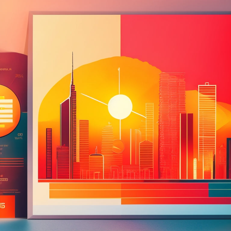 A minimalist illustration featuring a stylized, modern invoice with bold lines and bright colors, surrounded by gears, charts, and a subtle background of a cityscape at sunrise.