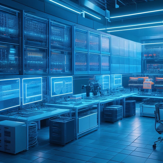 A futuristic ecommerce hub with sleek, minimalist workstations, glowing screens, and robots efficiently sorting packages, surrounded by a network of connected gears, circuits, and pulsing neon lines.