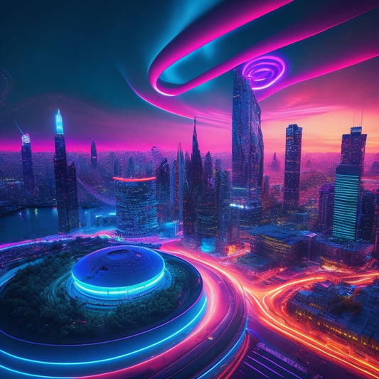 A futuristic, neon-lit cityscape at dusk with sleek skyscrapers and hovering drones, surrounded by swirling vortex of 1s and 0s, with a subtle Vue.js logo in the top-left corner.