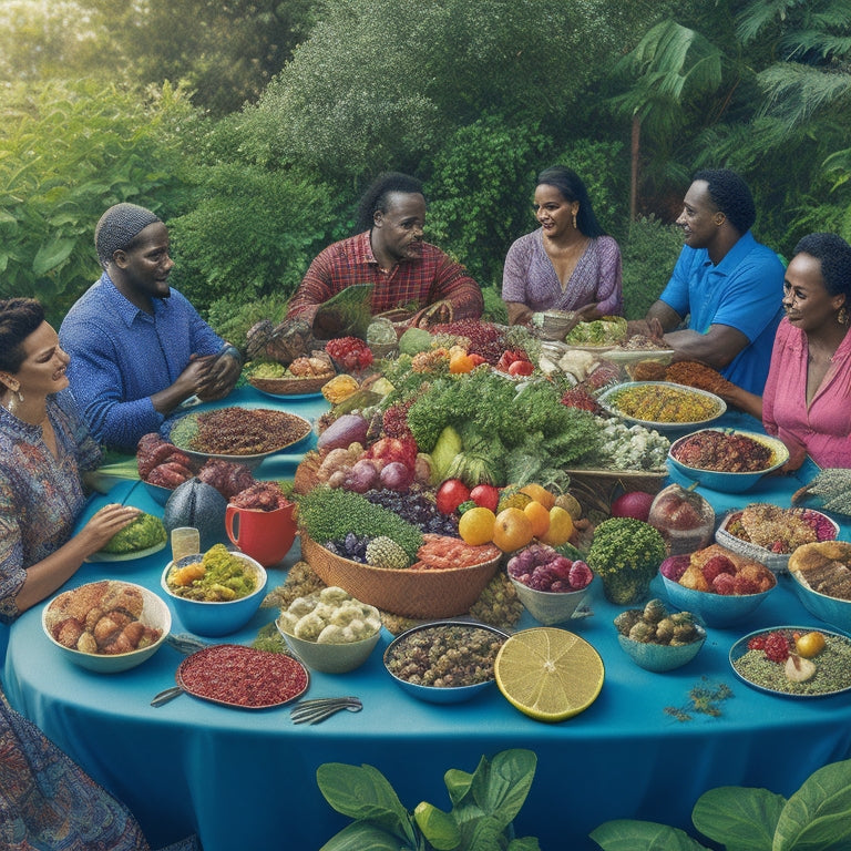 A vibrant illustration of a diverse group of people, of all ages, gathered around a colorful, overflowing table with fresh fruits, vegetables, whole grains, and lean proteins, surrounded by lush greenery.