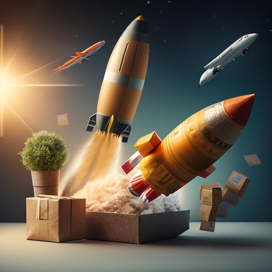An illustration of a rocket ship soaring upwards, surrounded by shopping bags and packages, with a subtle background of binary code and website interfaces, conveying digital commerce and e-commerce growth.
