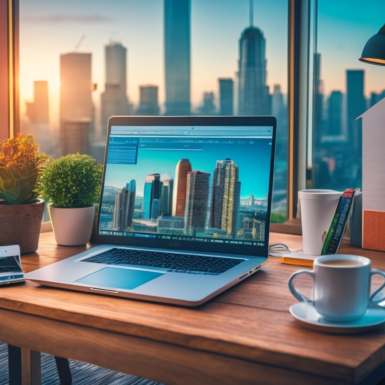 An illustration of a laptop on a modern desk, surrounded by e-commerce icons, graphs, and charts, with a subtle cityscape background, conveying online business success and growth.