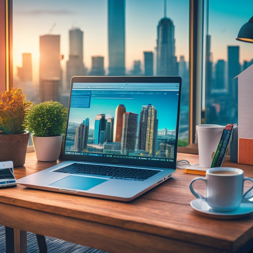 An illustration of a laptop on a modern desk, surrounded by e-commerce icons, graphs, and charts, with a subtle cityscape background, conveying online business success and growth.