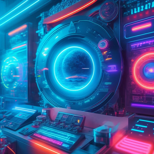 A futuristic dashboard with a large, glowing upload icon at its center, surrounded by orbiting files, gears, and cogs, with sleek, neon-lit wires and circuits in the background.