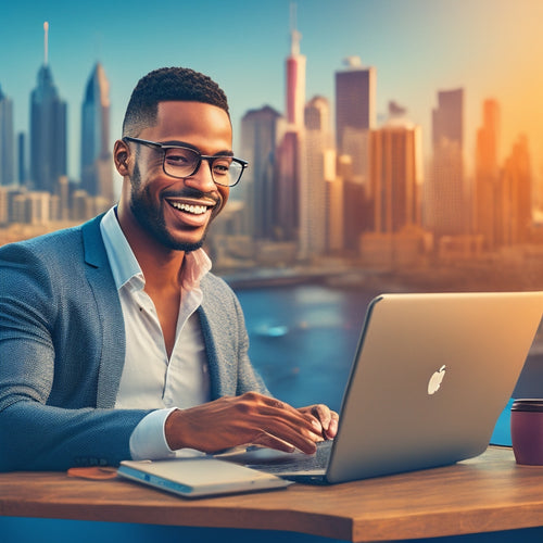 An illustration featuring a smiling merchant sitting at a desk, surrounded by laptops, tablets, and smartphones, with a cityscape or global map in the background, conveying a sense of online connectivity.