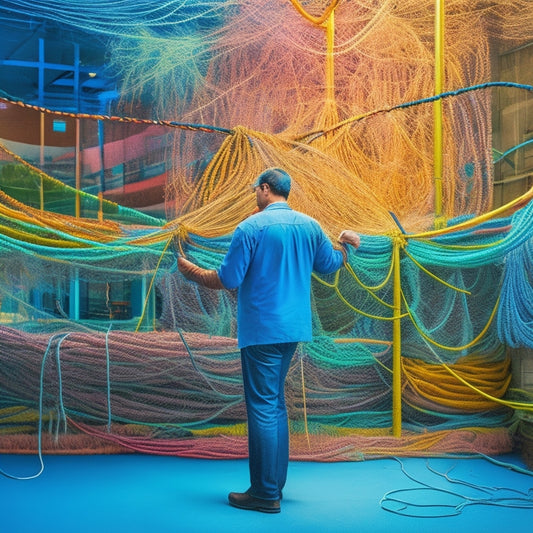 An illustration of a person standing in front of a massive, tangled web of cords and wires, with a few strands being neatly organized and simplified, symbolizing streamlined digital product distribution.