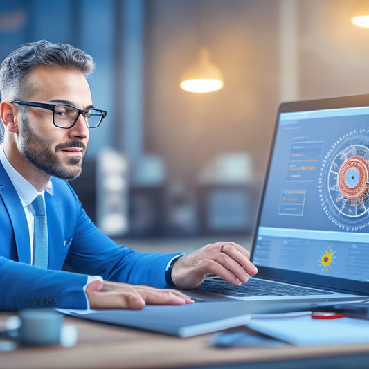 A stylized illustration of a customer success manager sitting in front of a laptop, surrounded by icons of various online training resources, with a subtle background of gears and cogs in motion.