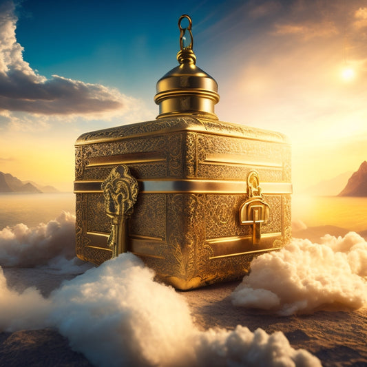 A golden key unlocking a treasure chest overflowing with ecommerce packages, surrounded by swirling clouds of commerce symbols and subtle Shopware logos in a warm, sunny background.