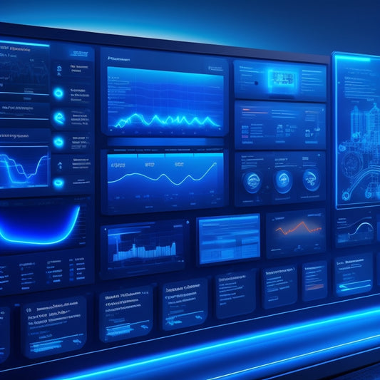 A futuristic e-commerce dashboard with robots, gears, and circuits integrated into a sleek, modern interface, surrounded by rising graphs and glowing blue lines, set against a dark blue background.