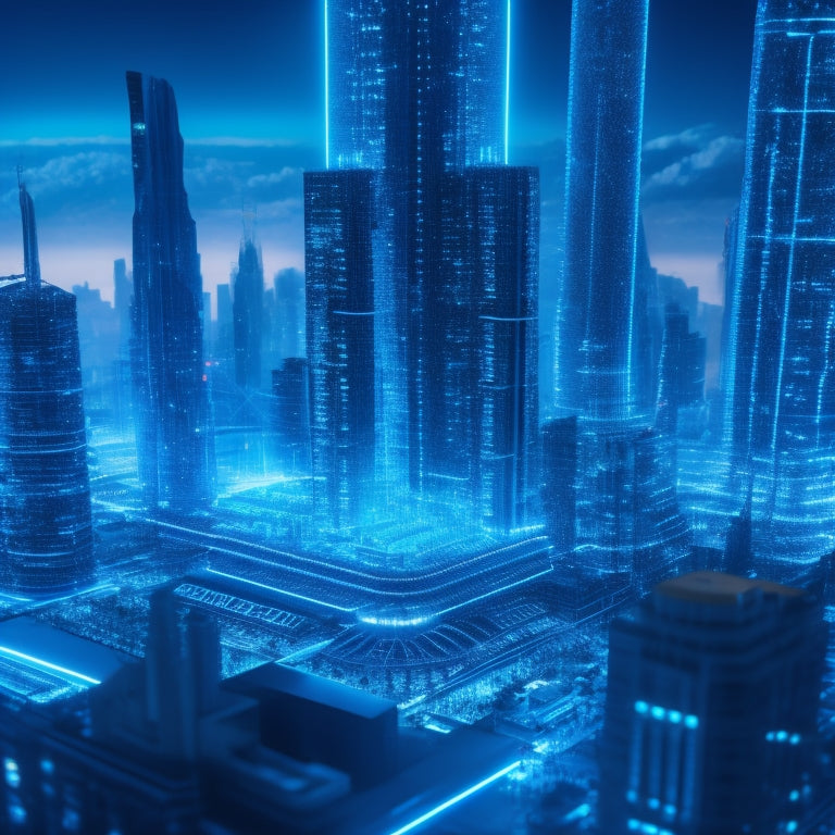 A stylized, futuristic blueprint with glowing blue circuits and neon lines, unfolding into a 3D cityscape with sleek skyscrapers, surrounded by orbiting digital gears and satellites.