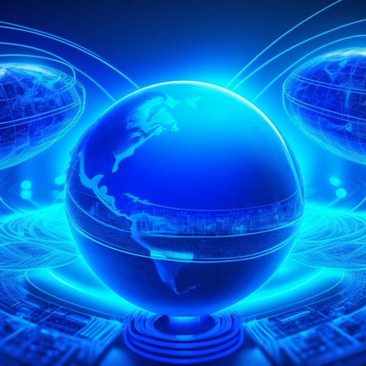 A futuristic ecommerce blueprint unfolding from a 3D globe, with glowing blue circuits and wires connecting various nodes, surrounded by orbiting shopping carts and swirling digital patterns.