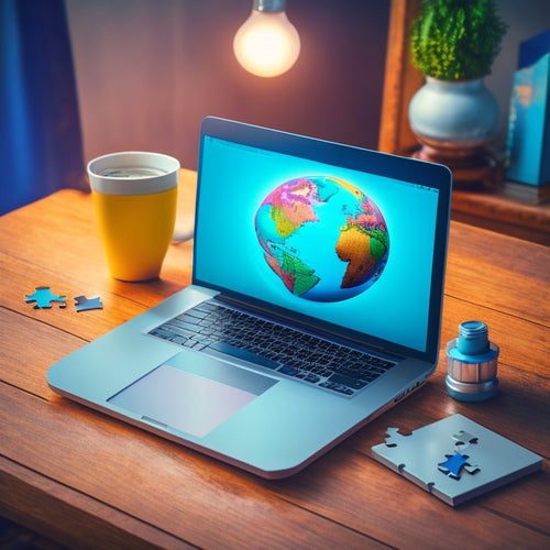 A minimalist illustration of a laptop with a globe in the background, surrounded by puzzle pieces, gears, and lightbulbs, conveying the idea of building and creating online courses.