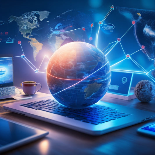 An illustration of a digital globe with glowing connections and swirling arrows, surrounded by icons of laptops, tablets, and mobile devices, with a subtle background of currency symbols and payment gateways.