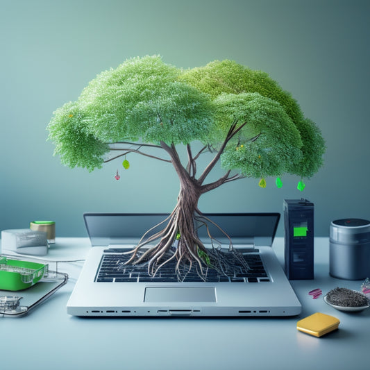 An illustration of a blooming tree growing out of a laptop, with its roots made of circuit boards and wires, surrounded by minimalist icons of eco-friendly products and packaging.