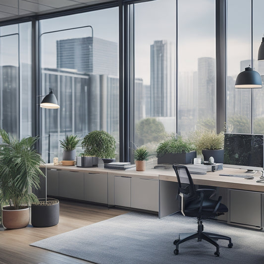 A modern office with sleek desks and minimalist decor, where a few employees work efficiently on computers, surrounded by organized files and a few plants, with a subtle cityscape outside the window.
