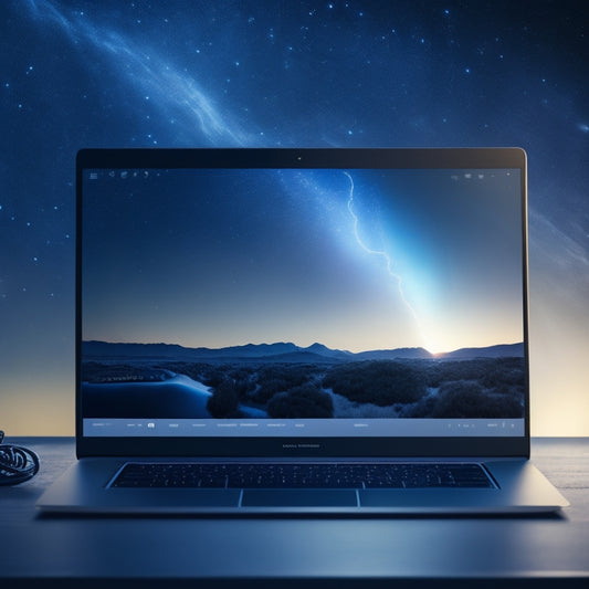A futuristic ecommerce website on a sleek, silver laptop screen, surrounded by flashing bolts of electricity, gears, and sparks, set against a dark blue, starry night sky backdrop.