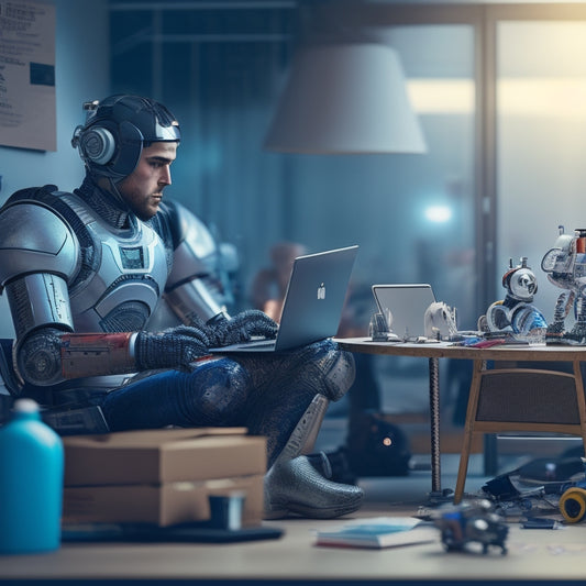An illustration of a person sitting in front of a laptop, surrounded by chaotic scattered papers and broken robots, transformed into a confident entrepreneur with a calm and organized digital workspace.