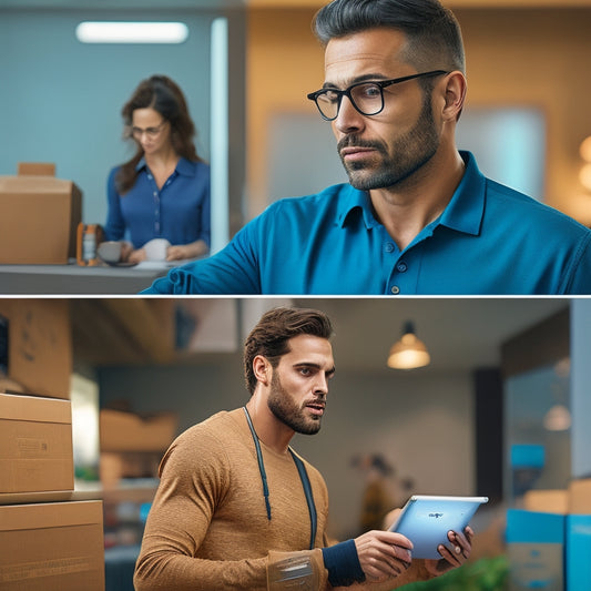 A split-screen image with a frustrated customer on the left, surrounded by scattered packages and confused expressions, contrasted with a calm customer on the right, gazing at a sleek, organized tracking dashboard on their tablet.