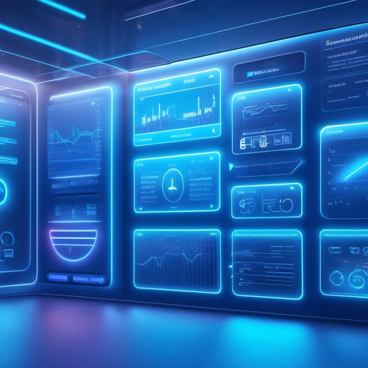 A futuristic, minimalist illustration of a merchant's dashboard, with a subtle Bigcommerce logo in the corner, surrounded by glowing blue lines and nodes, connecting various e-commerce elements.