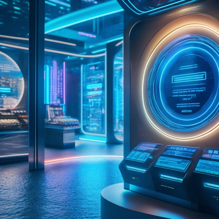 A futuristic retail storefront with a sleek, modern payment terminal displaying a holographic interface, surrounded by orbiting digital coins and swirling circuit patterns, set against a neon-lit cityscape backdrop.