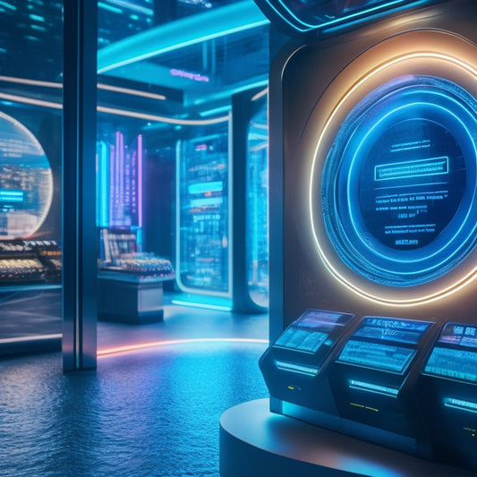 A futuristic retail storefront with a sleek, modern payment terminal displaying a holographic interface, surrounded by orbiting digital coins and swirling circuit patterns, set against a neon-lit cityscape backdrop.
