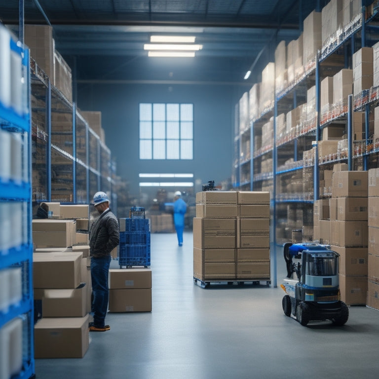 A modern warehouse interior with sleek shelving, robotic assistants, and busy workers in the background, surrounded by boxes and packages with a subtle ShipBob color scheme.