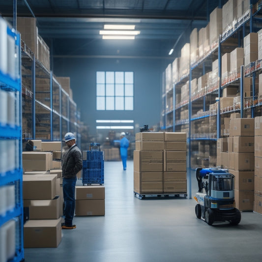 A modern warehouse interior with sleek shelving, robotic assistants, and busy workers in the background, surrounded by boxes and packages with a subtle ShipBob color scheme.