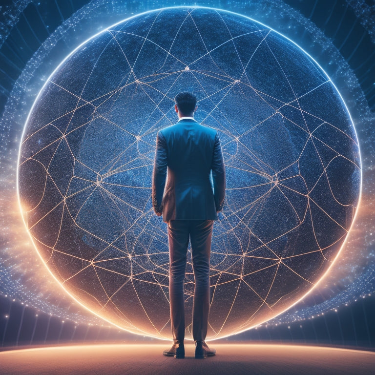 A stylized illustration of a person standing in front of a giant globe, with glowing, interconnected lines and nodes surrounding them, symbolizing a strong online presence.