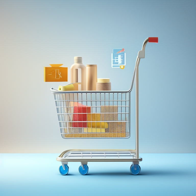 A minimalist illustration featuring a stylized shopping cart with a built-in progress bar, surrounded by various icons of downloadable files (e.g., PDF, ZIP, MP3) in different stages of completion.