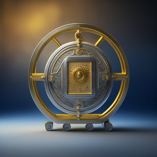 A shield with a shopping cart emblem in the center, surrounded by a circle of interconnected gears, set against a subtle grid background, conveying protection and order in online commerce.