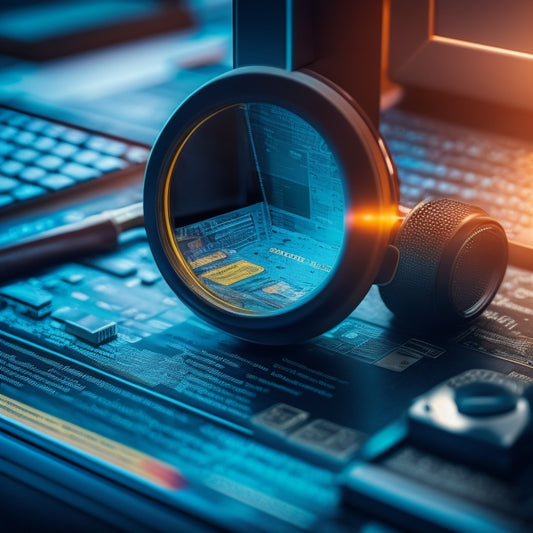 A magnifying glass hovering above a cracked computer screen with scattered warning signs, red flags, and broken locks, surrounded by subtle shades of warning colors like orange and yellow.