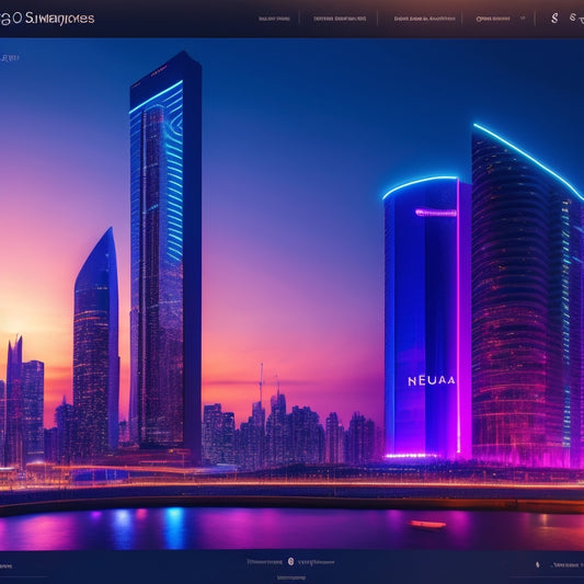 A futuristic, neon-lit cityscape at dusk with sleek skyscrapers, juxtaposed with a minimalist, modern ecommerce storefront in the foreground, showcasing a Joomla! 4 template on a large, curved screen.
