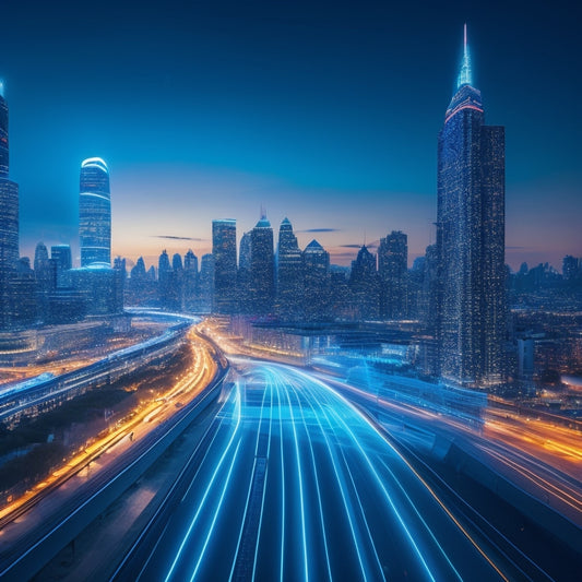 A futuristic, sleek cityscape at dusk with neon lights reflecting off skyscrapers, a giant shopping cart icon hovering above the metropolis, surrounded by swirling lines and nodes representing e-commerce connections.
