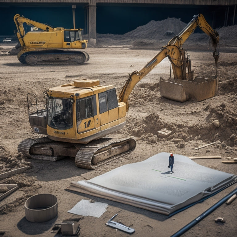A messy construction site with a broken excavator in the center, surrounded by scattered tools and parts, with a binder or tablet displaying a repair manual open to a diagram page in the foreground.