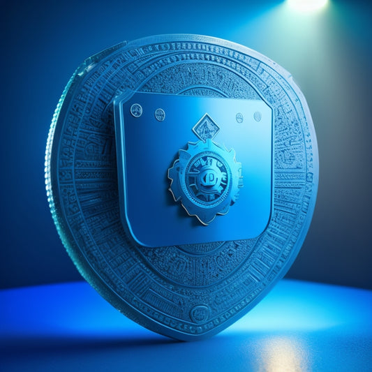 A shield with a credit card emblem at its center, surrounded by a circle of interconnected gears, with a subtle gradient of blue and green hues, conveying protection and financial security.